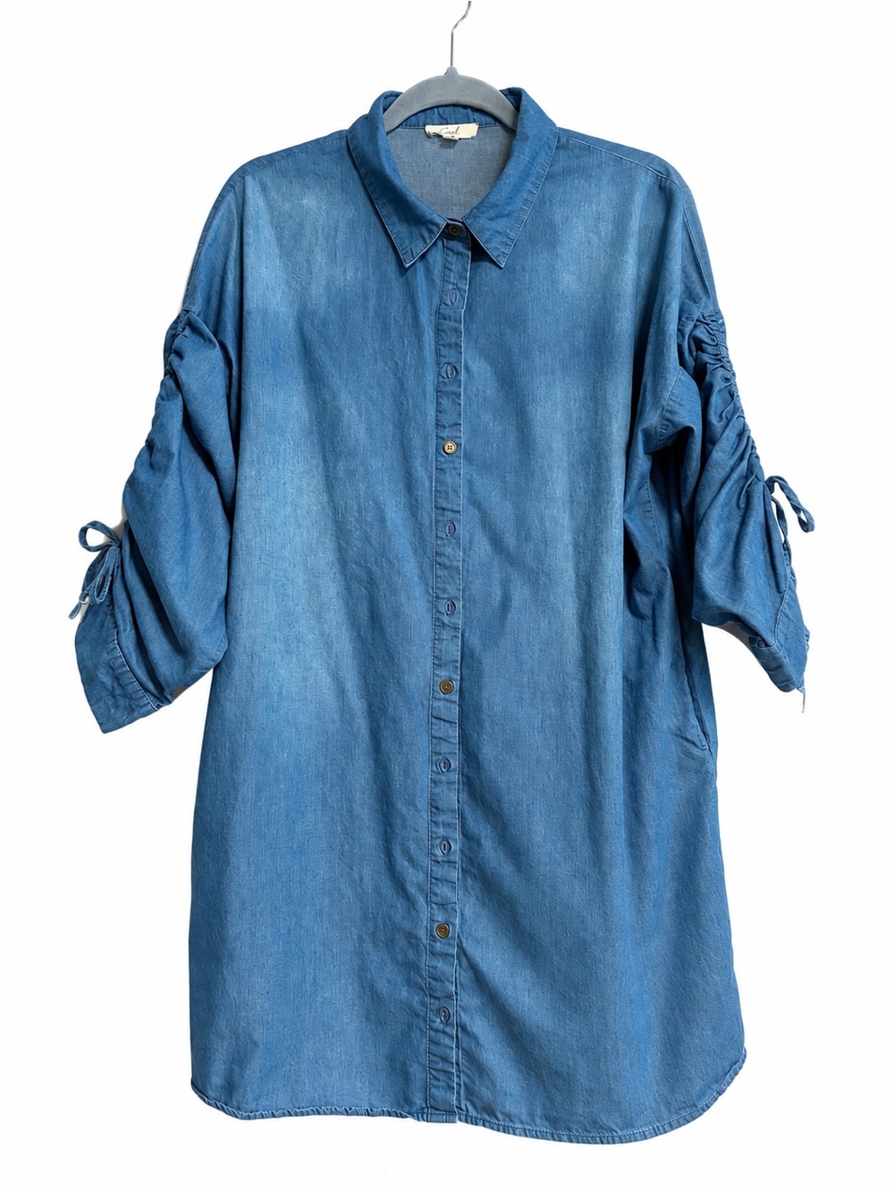 Easel Los Angeles Blue Chambray Shirt Dress Size S Ruched Tie Sleeves